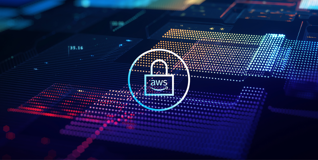 Digital illustration of a lock icon with AWS logo on a futuristic circuit board background